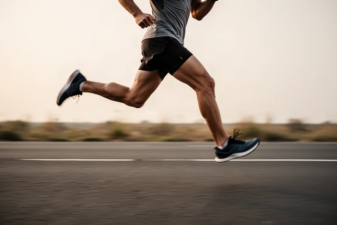 Runner mid-stride during a fast tempo workout on an open road