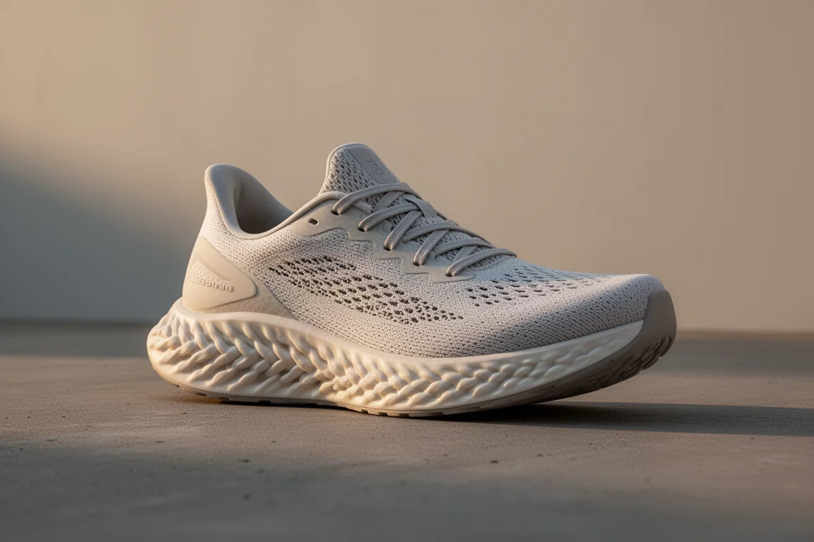 Scarpa da corsa leggera con intersuola in schiuma strutturata sul cemento all'alba