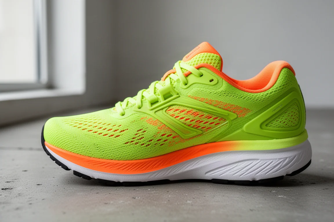 Primer plano de un empeine de zapatilla de running con estampado llamativo, cordones y refuerzos