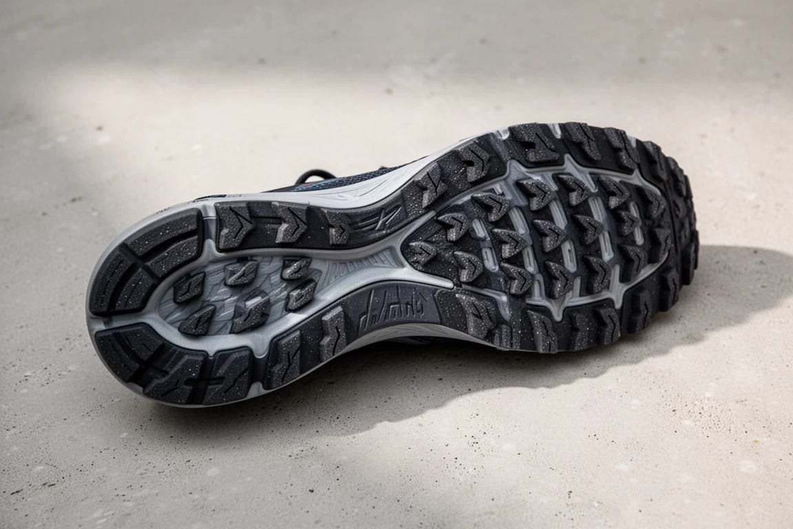 Suela exterior detallada de una zapatilla de running con un taco de goma agresivo