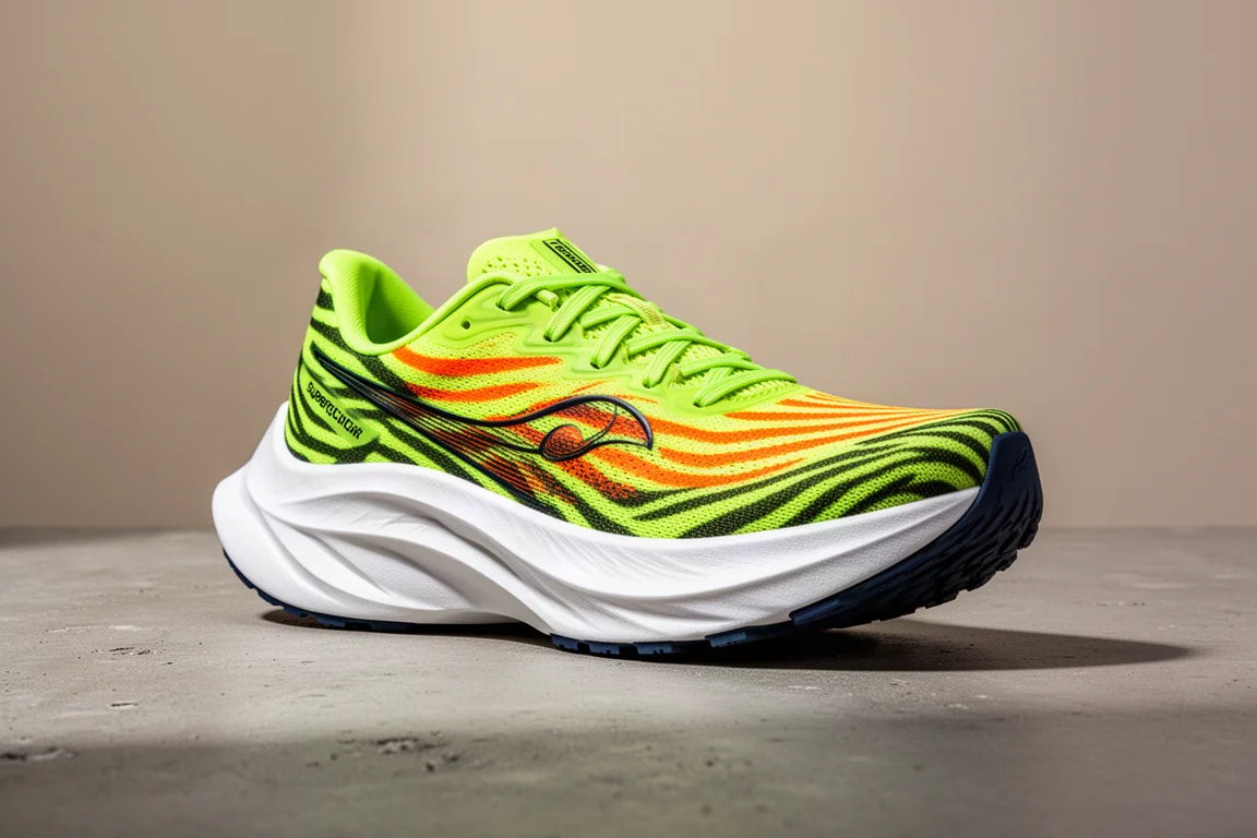 Skechers Go Run Alpha Tempo running shoe with neon patterned upper on concrete