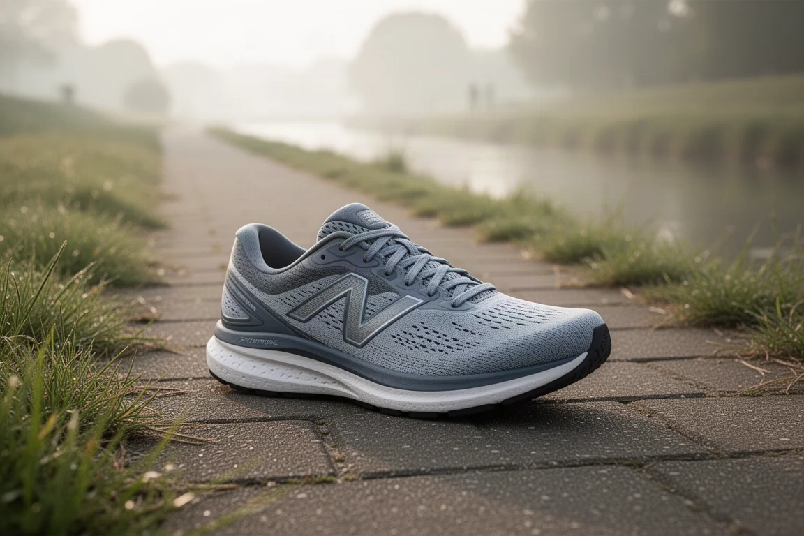 Zapatilla de running de asfalto con amortiguación gruesa descansando sobre un camino de canal pavimentado con suave luz matinal