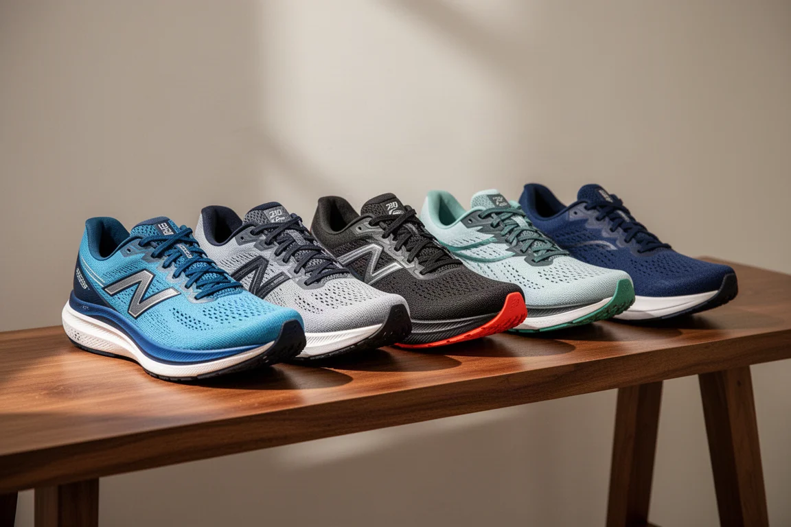 Fila de varias zapatillas de running de asfalto amortiguadas alineadas sobre un banco de madera