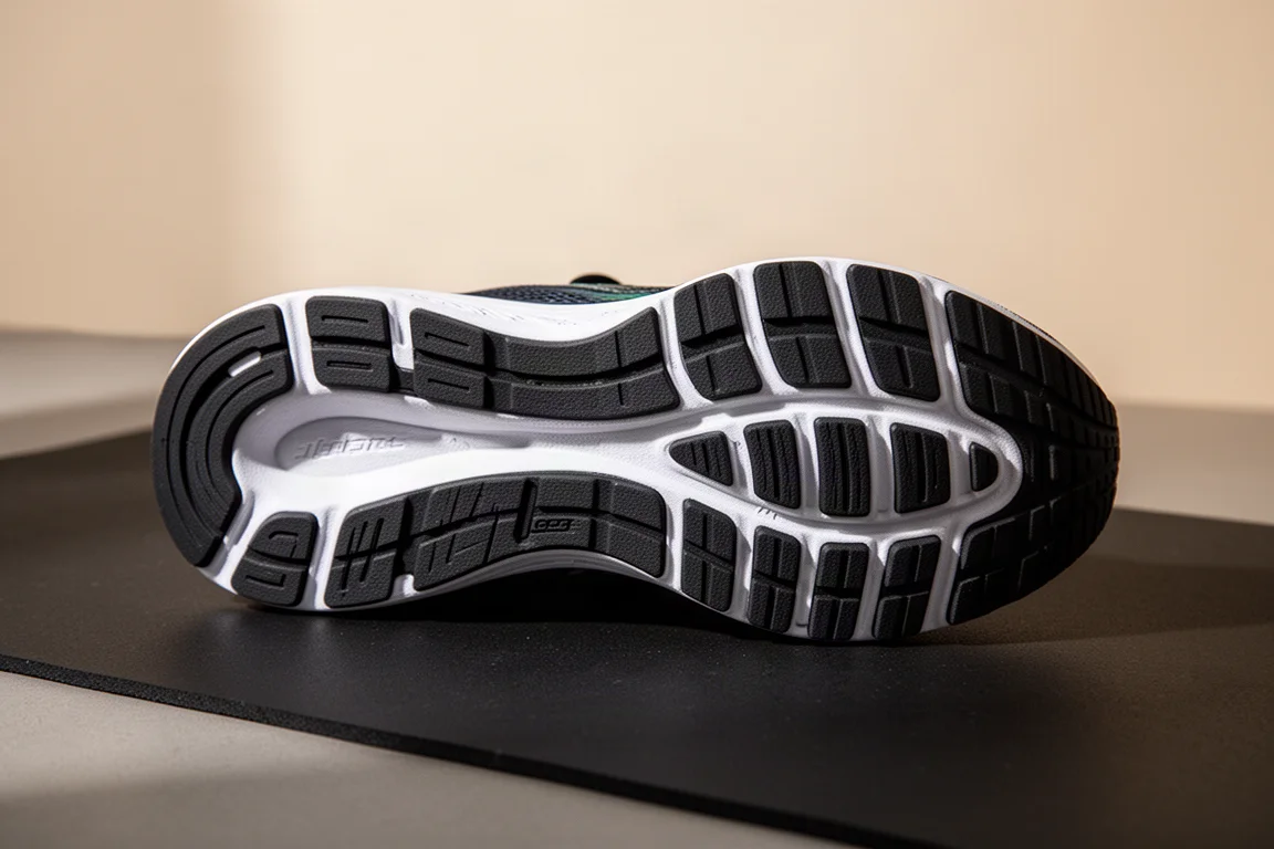 Borracha do solado de um tênis de corrida vista por baixo sobre superfície escura