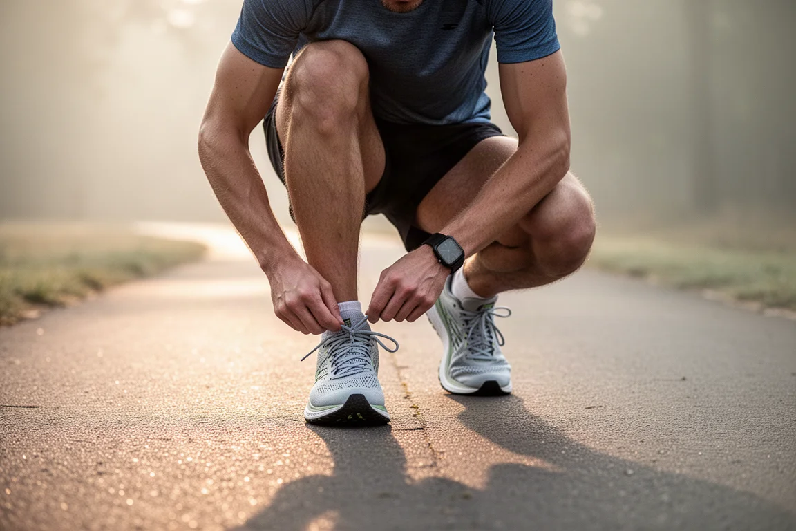 Coureur lacant une chaussure de running légère avant une séance au rythme soutenu