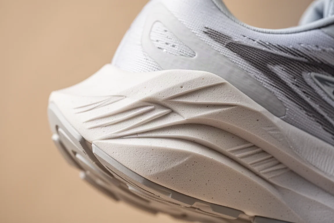 Gros plan sur la semelle intermédiaire d'une chaussure de running montrant le amorti en mousse