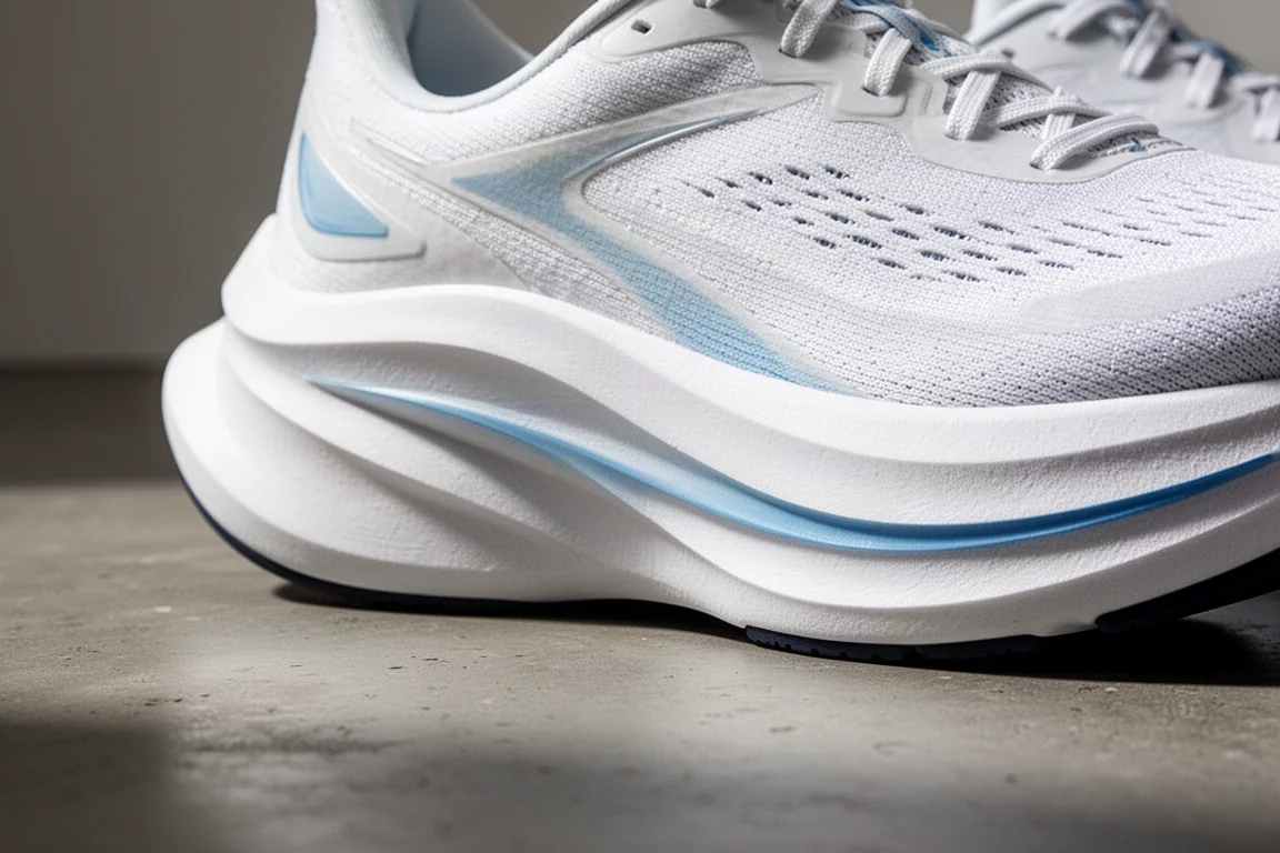 Nahaufnahme einer skulpturierten weißen Schaum-Midsole mit Rocker-Geometrie