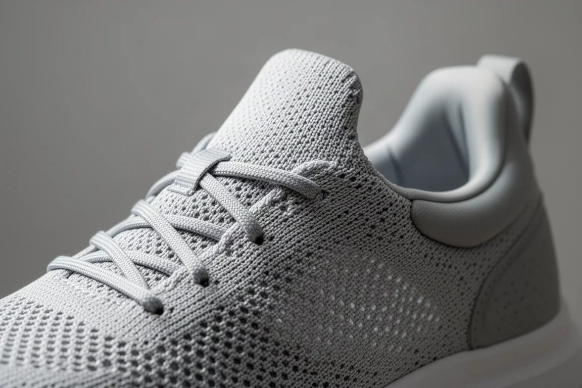 Primer plano de un upper de malla fino y transpirable en una zapatilla de running