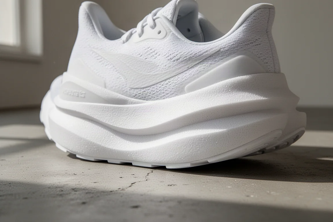 Close-up van de gedempte midsole van een hardloopschoen met dik schuim