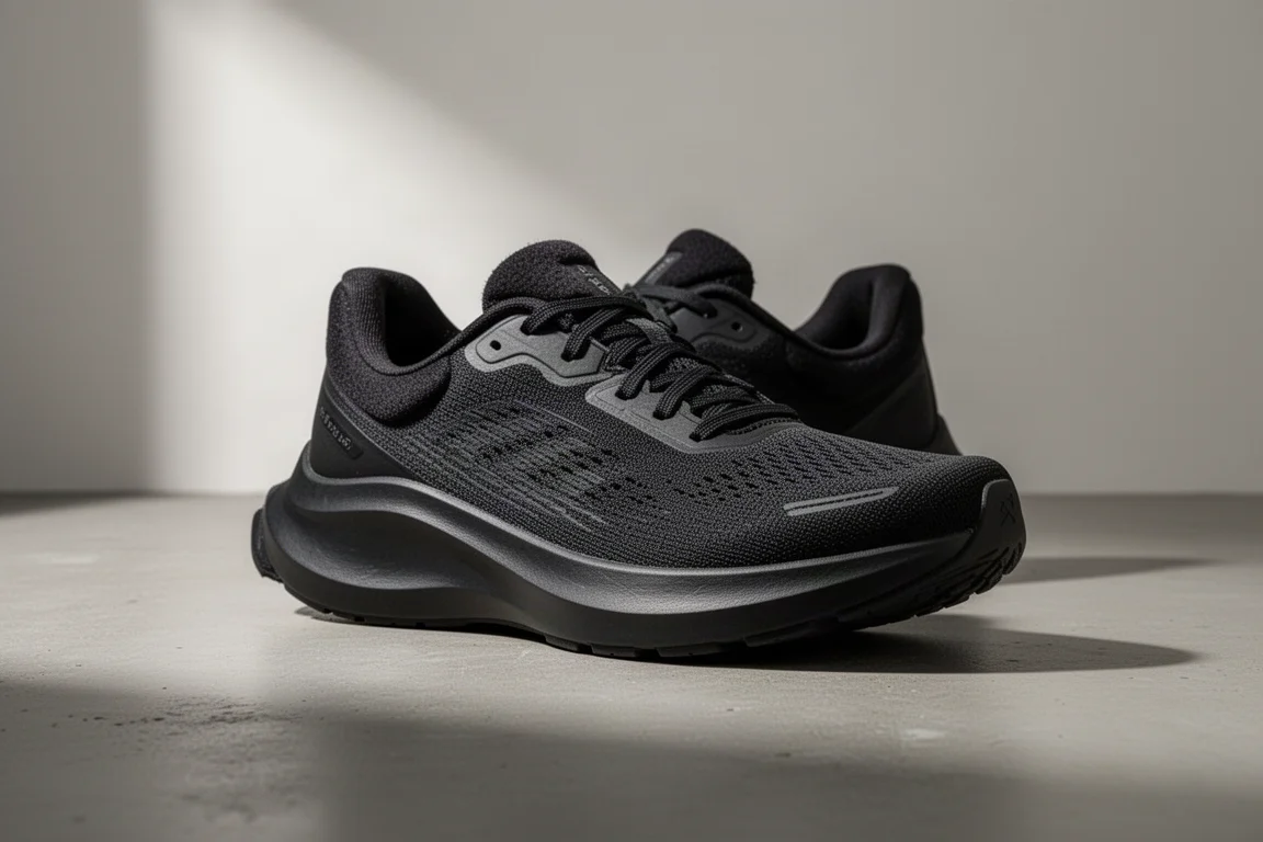 Komplett schwarzer Skechers Max Road 6 Laufschuh auf einer Betonoberfläche