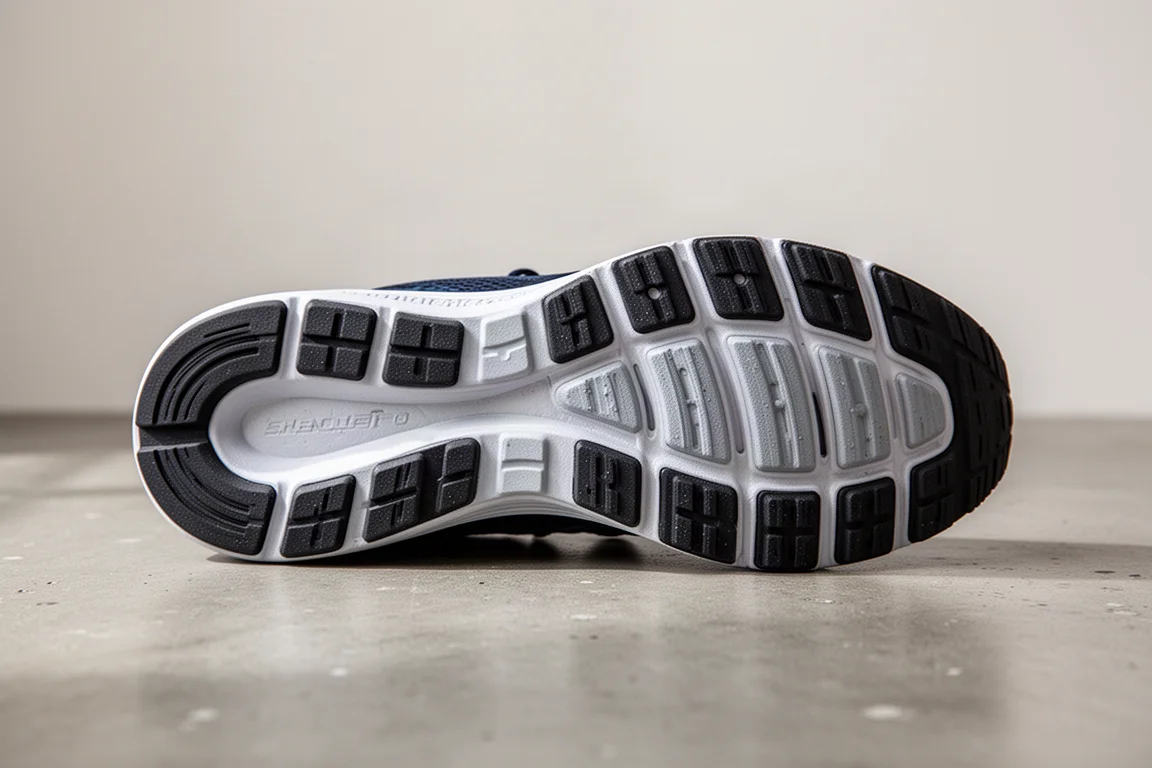 Primo piano di una suola in gomma segmentata con profondi solchi di flessione su una scarpa da running
