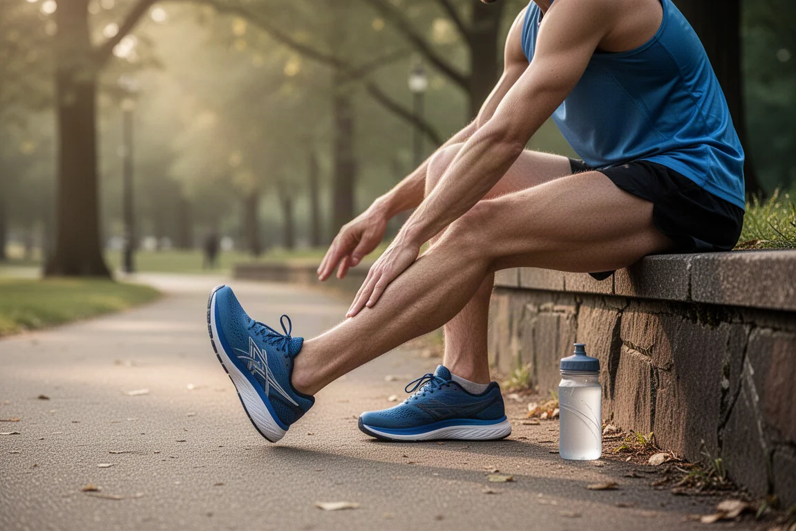 Un runner che allunga le gambe stanche accanto a un viale del parco dopo una lunga corsa