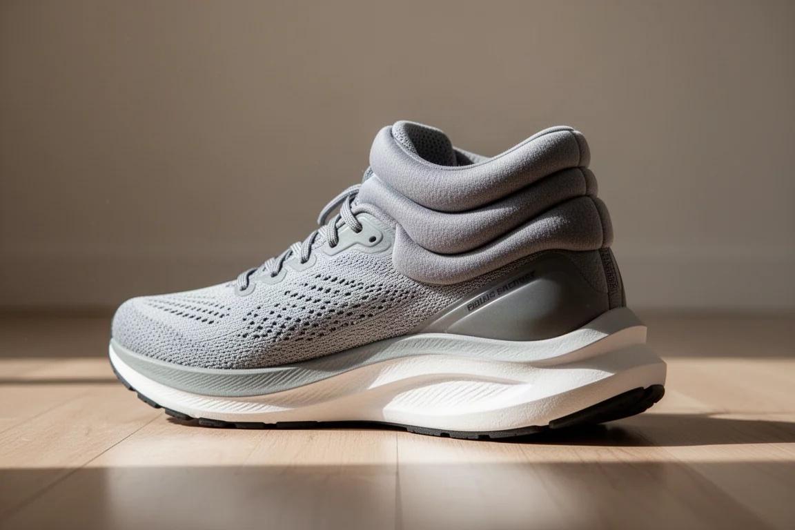 Colletto imbottito di una scarpa da running e midsole spessa e ammortizzata visti di lato