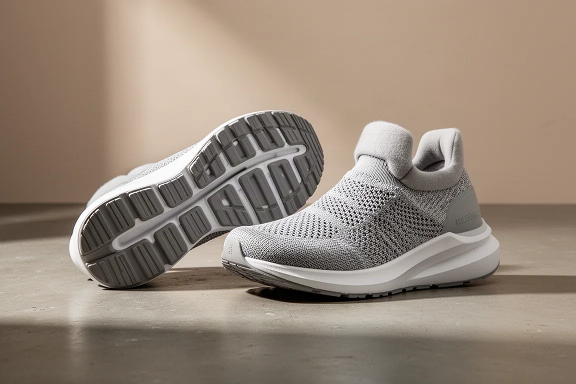 Zwei Skechers Straßenlaufschuhe nebeneinander auf einem Betonboden