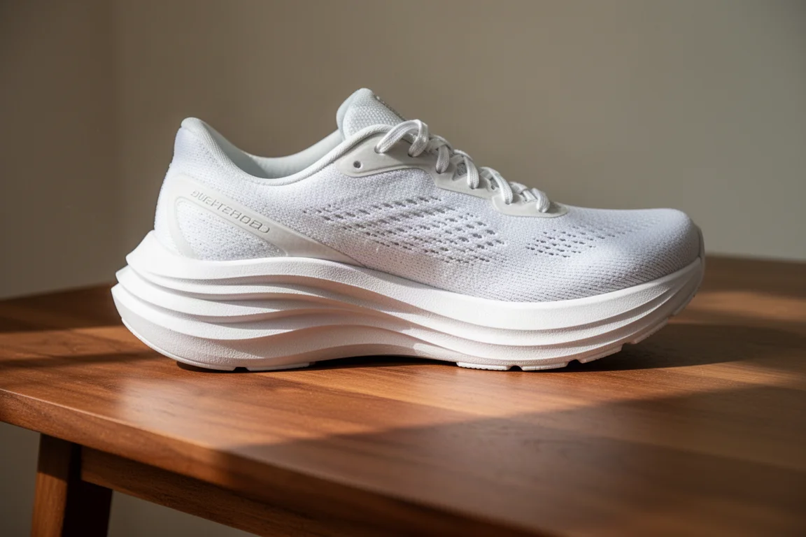 Close-up of a thick cushioned running shoe midsole on a wooden table