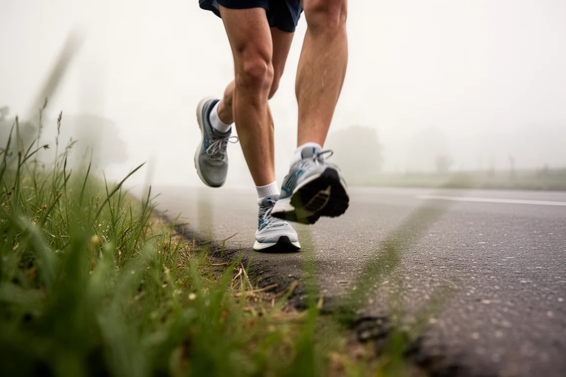 Runner's feet mid-stride on a humid rural road shoulder