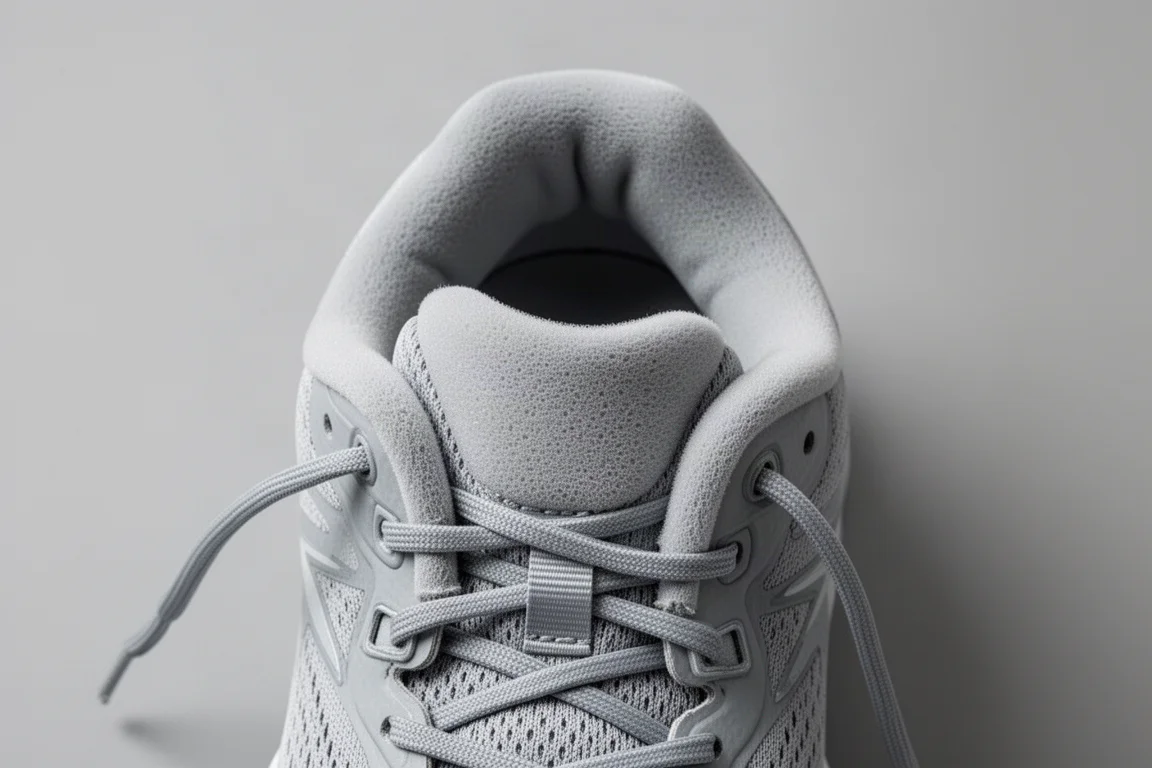 Padded running shoe collar and lacing area shown from above