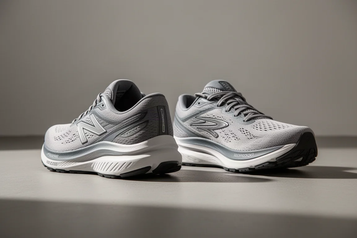 Dos zapatillas de running colocadas una junto a la otra sobre un suelo de estudio