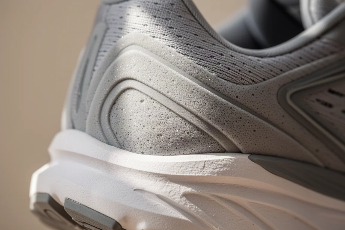 Primer plano de la mediasuela de una zapatilla de running flexionando bajo el pie