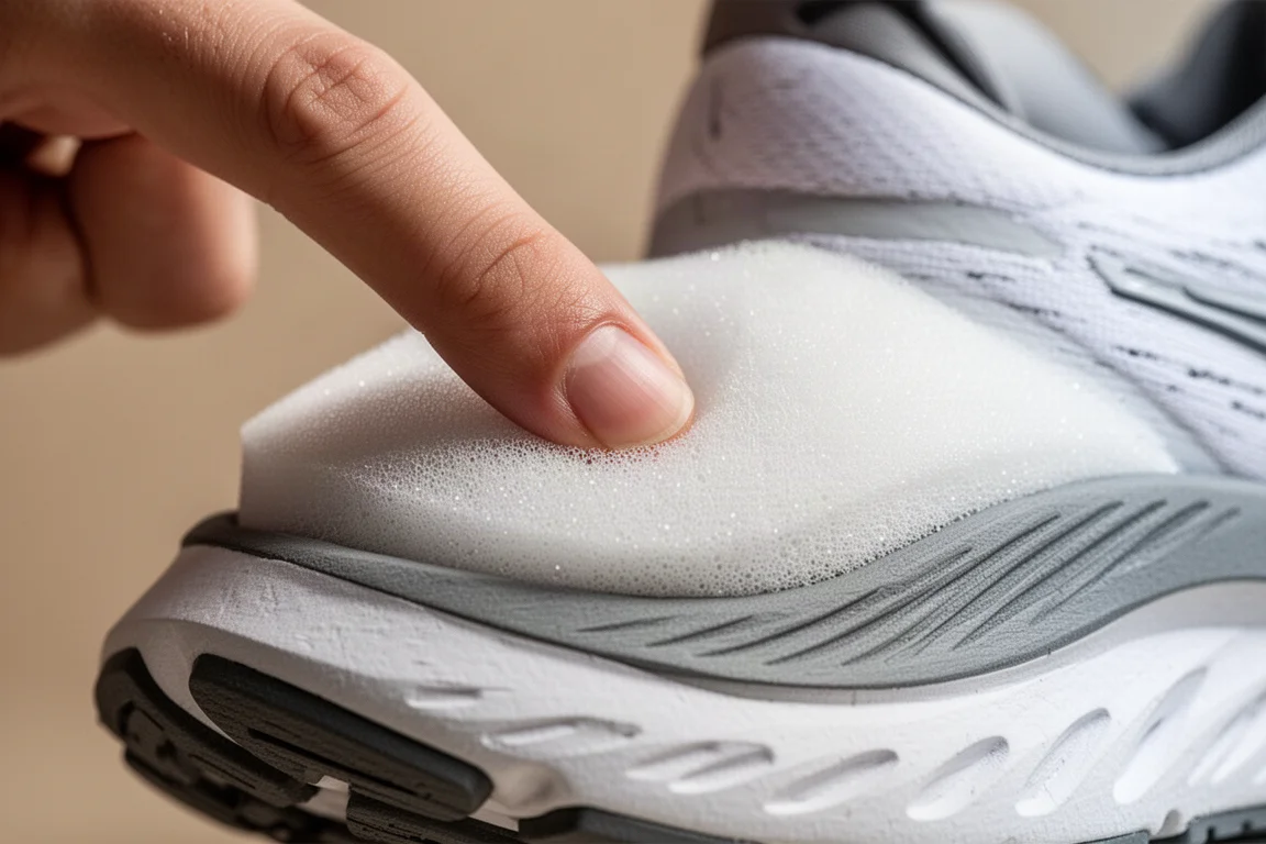 Espuma gruesa blanca del midsole de una zapatilla comprimiéndose bajo presión del pulgar