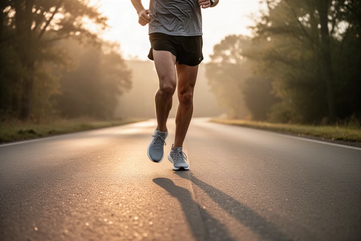 Corredor preparándose para un medio maratón en una carretera tranquila al amanecer