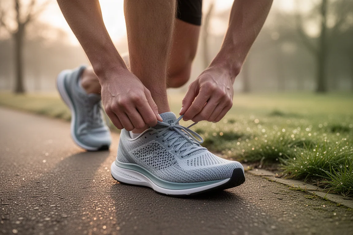 Läufer schnürt vor dem Morgentraining einen leichten Laufschuh