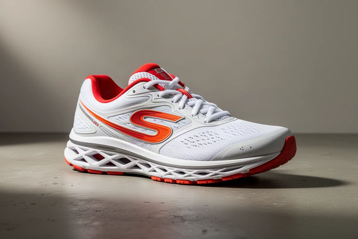 Weißer Skechers Razor Laufschuh mit roten und orangefarbenen Akzenten auf einer Betonoberfläche