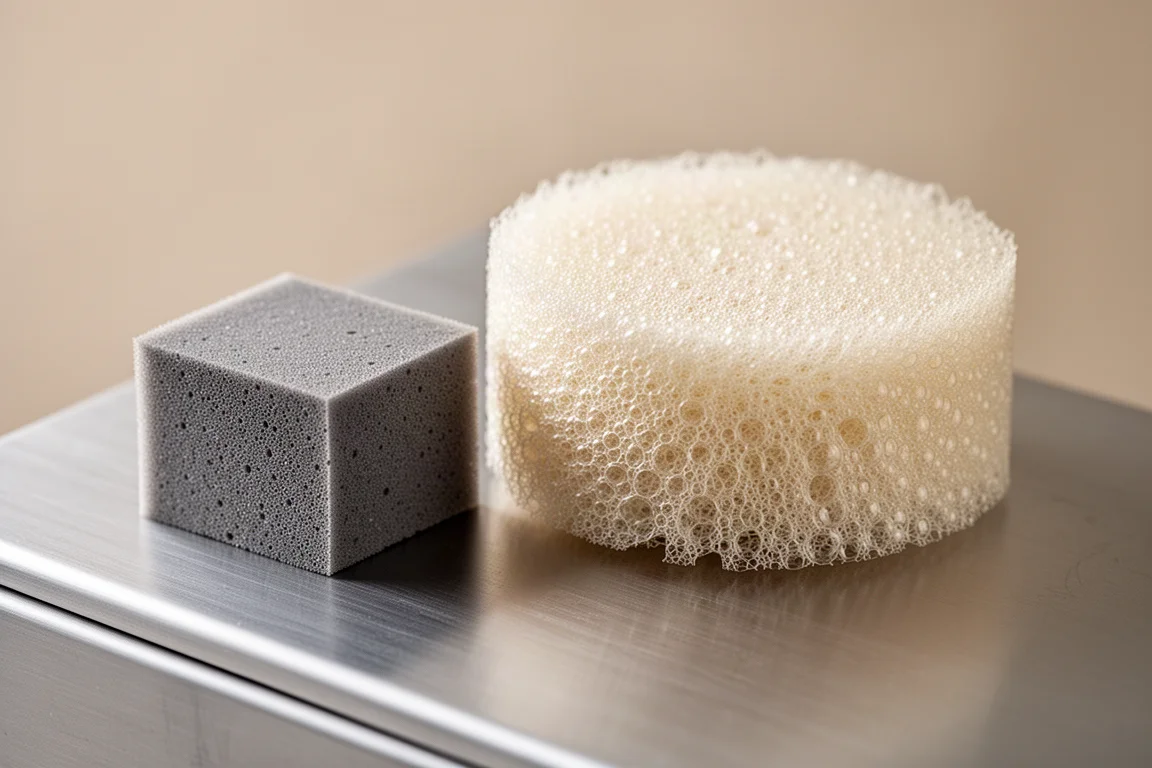Cross-sections of standard EVA and expanded supercritical foam side by side