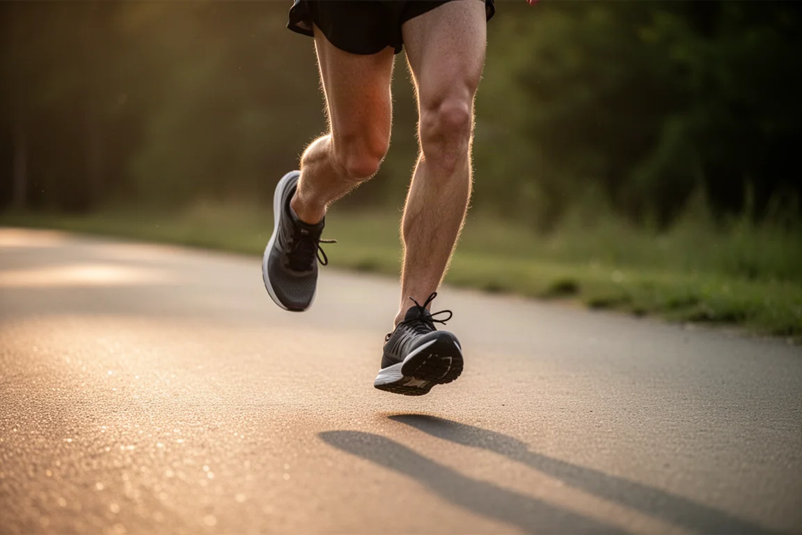 Runner's feet landing on soft track surface in morning light