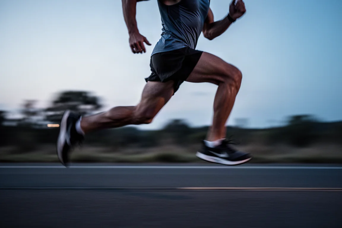Runner accelerating on a road during a fast training session