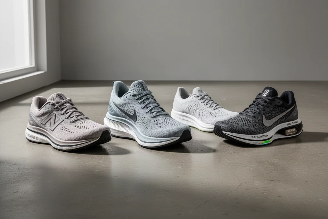 Four Skechers running shoes arranged in a row on a studio concrete floor