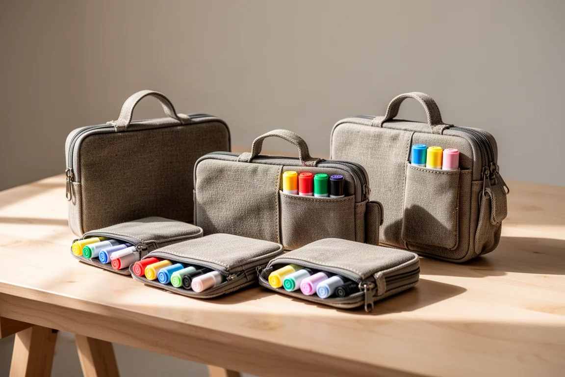Canvas marker wallets in different sizes lined up on a studio table