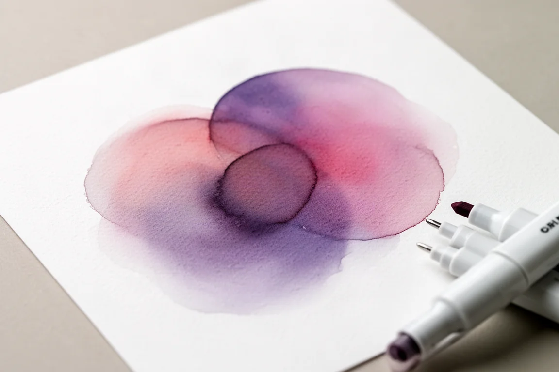 Close-up of marker ink feathers and blends smoothly on white paper