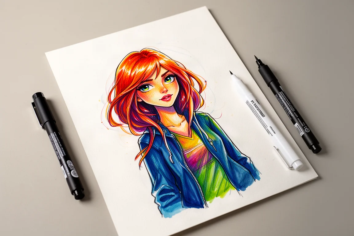 A completed character illustration in vivid marker colour on bristol paper