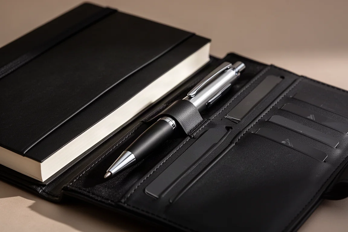 Een pen op volledige formaat schuift in het centrale pencompartiment van een groot zwart notitieboekportemonnee