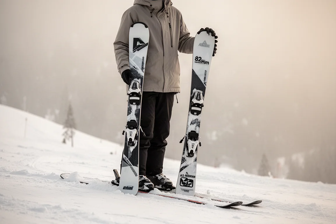 Skier standing with Blizzard Brahma 82 skis on a snowy slope