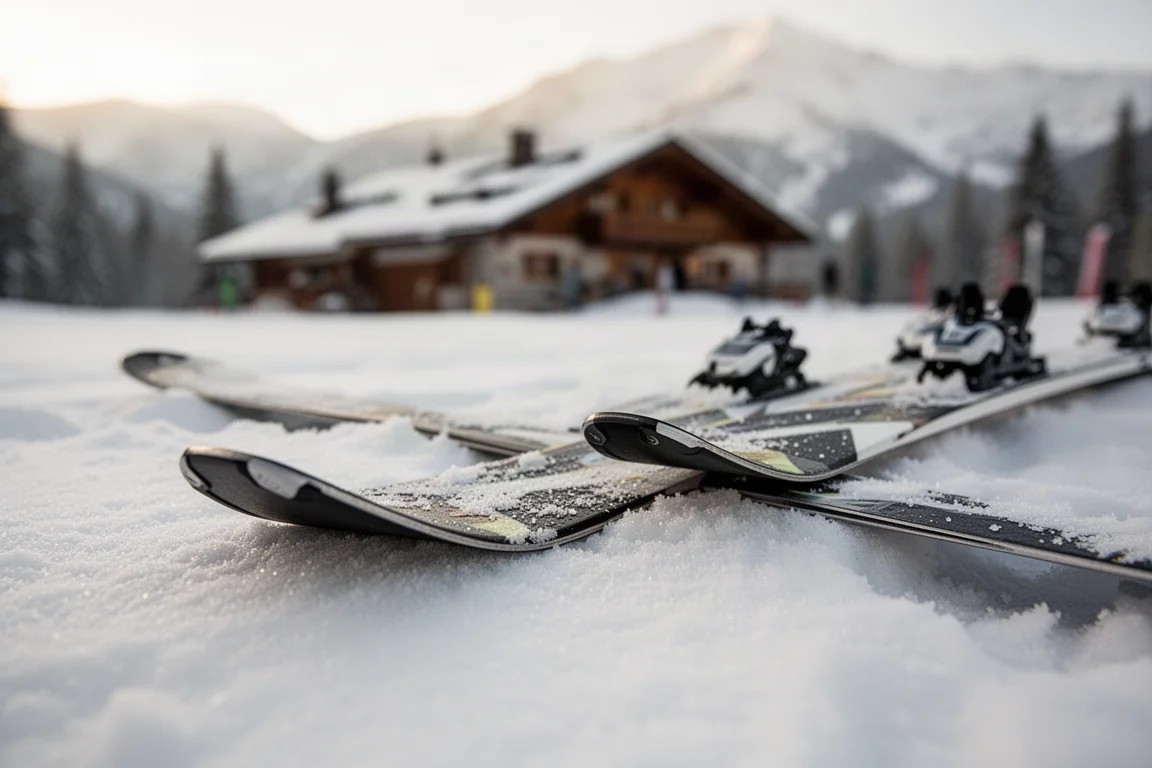 Close-up of all-mountain ski tips on packed snow