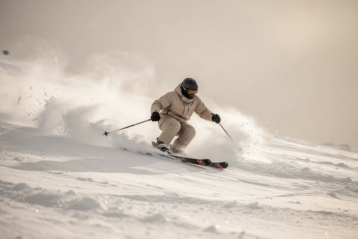 Freeride skier carving through soft snow