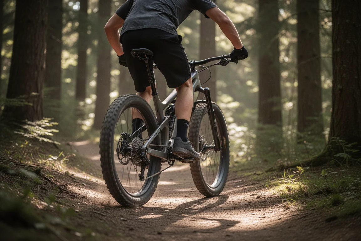 Mountain biker riding a full-suspension trail bike on a forest trail