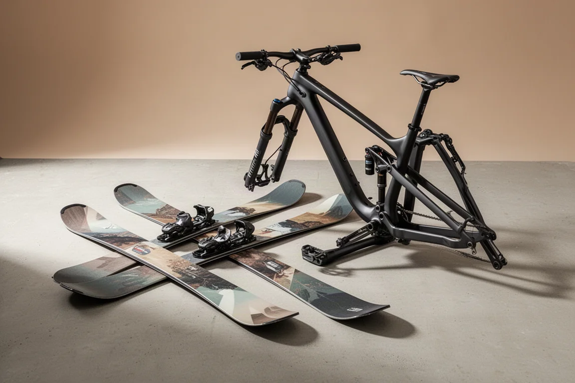 A pair of alpine skis and a mountain bike frame on a concrete surface