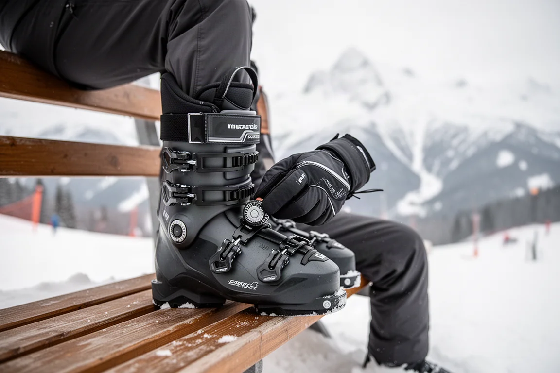Skier adjusting the dial on a lower boot shell at a snowy resort bench