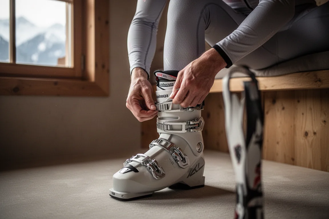 Alpine ski racer fastening traditional buckles on a race boot in a lodge