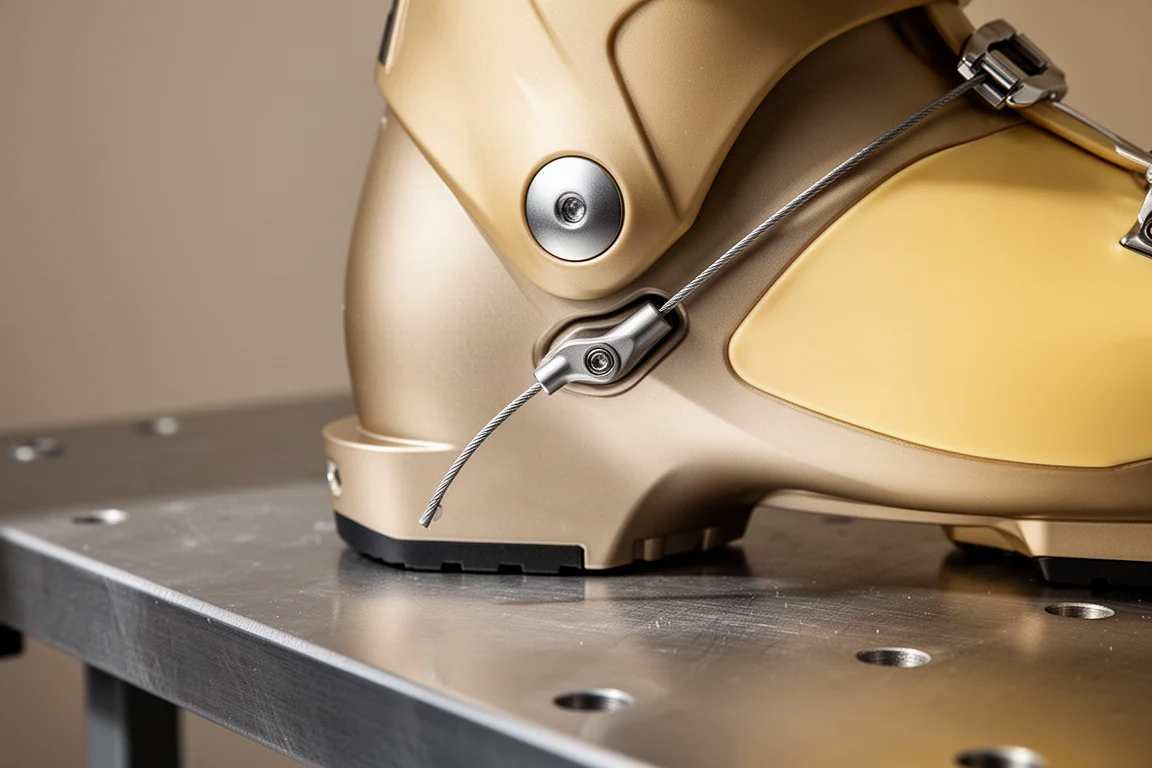 Cable closure lever integrated into a ski boot shell joint on a workbench