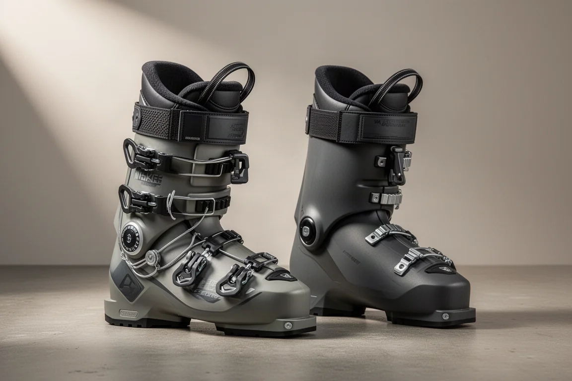 Two ski boots side by side showing dial and cable closure systems on concrete surface