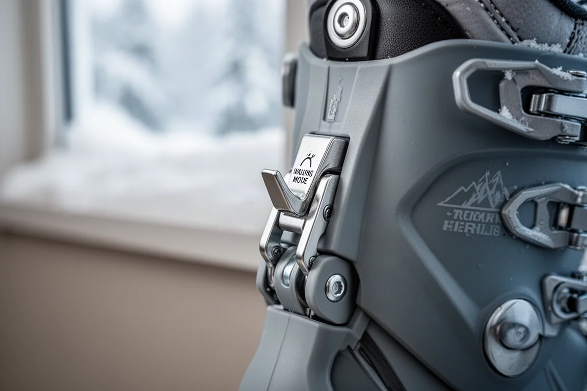 Nahaufnahme eines Gehmodus-Hebels und Gelenks am hinteren Schaft eines Alpinski-Skischuhs
