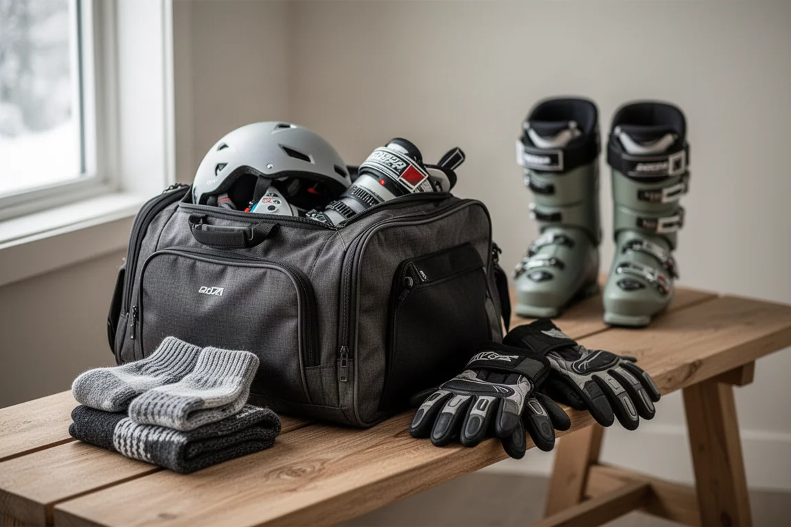 Gepackte Skischuhtasche auf einer Holzbank mit Socken, Helm und Handschuhen daneben