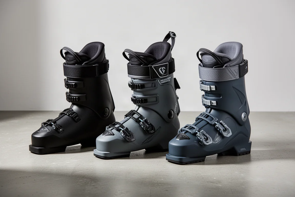 Three alpine ski boots lined up on a matte concrete surface in soft studio light