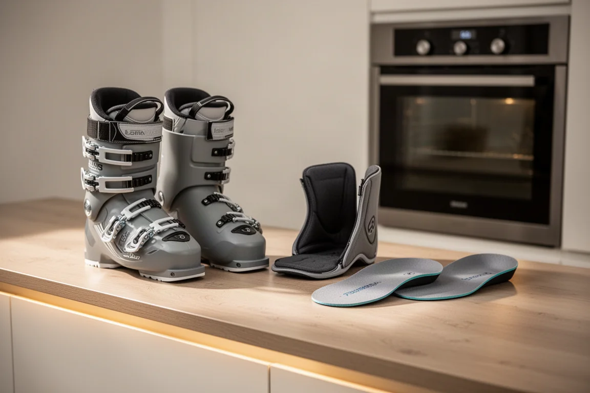 Skitourenschuh-Schalen, Innenschuhe und Fußbette liegen auf einer Küchenzeile neben einem geschlossenen Backofen