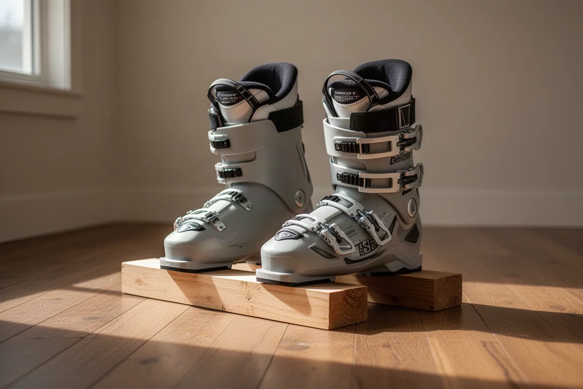 Skitourenschuhe über einem kurzen Holzkantholen gebeugt, auf einem Holzboden
