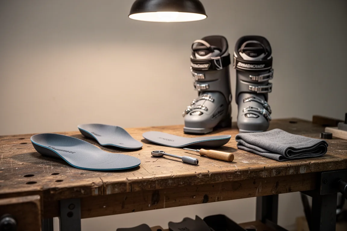 Bootsfitter-Werkbank mit Innenschuhen, Fußbetten, Werkzeugen und Skischuhschalen in warmem Licht
